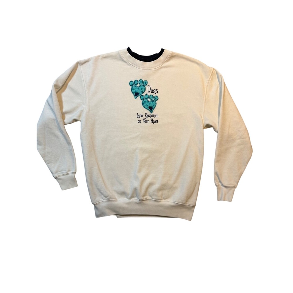 Vintage Dogs Leave Pawprints on Your Heart Cream Graphic Sweatshirt Medium